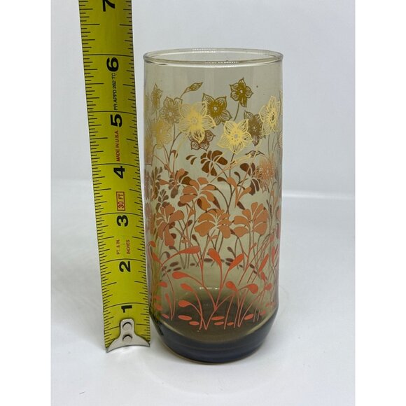 VTG 1970 Smoked Amber Floral Tumbler | MCM Flower Print Glass 6" Retro Drinkware - Picture 6 of 6